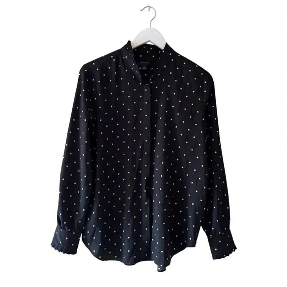 Ann Taylor Scalloped Black Cream Polka Dots Long Sleeves Lightweight SZ M #2317 - Picture 2 of 14